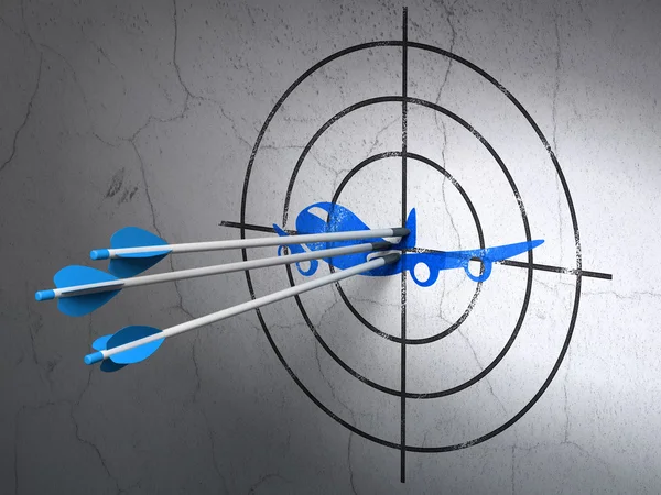 Vacation concept: arrows in Airplane target on wall background — Stockfoto