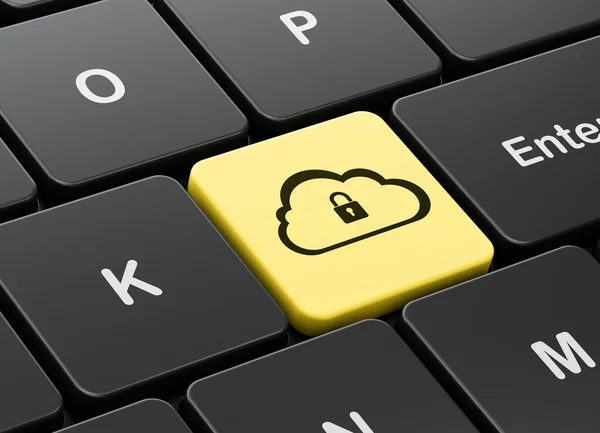 Концепция облачных вычислений: Облако с замком на фоне клавиатуры компьютера — стоковое фото