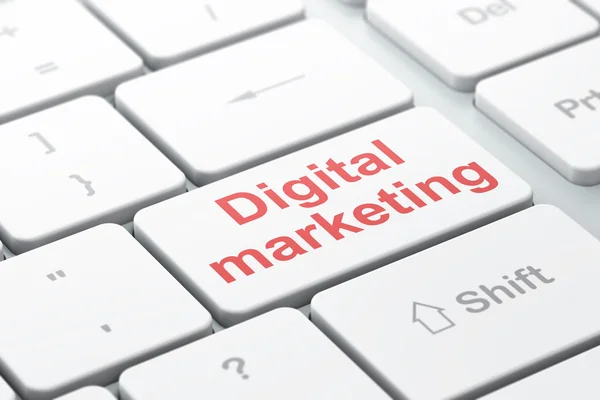 Conceito de publicidade: Marketing digital no fundo do teclado do computador — Fotografia de Stock