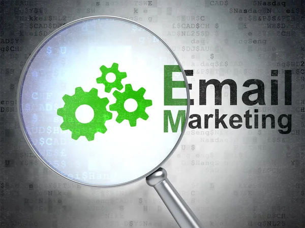 Concetto pubblicitario: Ingranaggi e Email Marketing con vetro ottico — Foto Stock