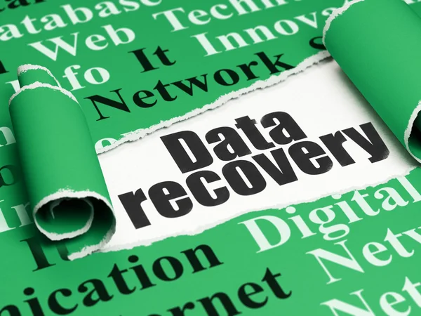 Information concept: black text Data Recovery under the piece of  torn paper — 图库照片