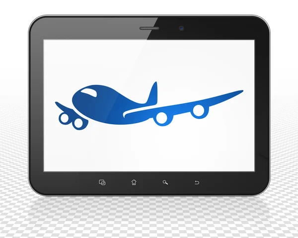 Concept de vacances : Tablette PC avec avion à l'écran — Photo