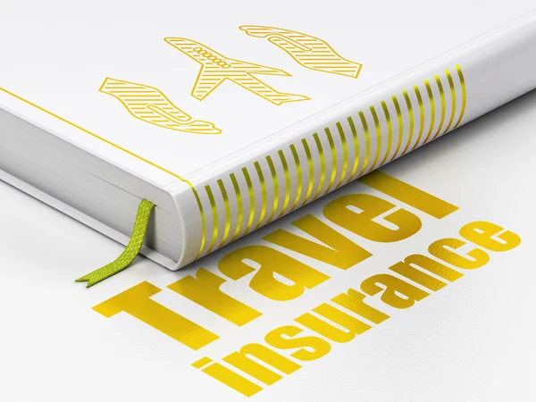 Концепция страхования: книга Самолет и пальмы, Страхование путешествий на белом фоне — стоковое фото