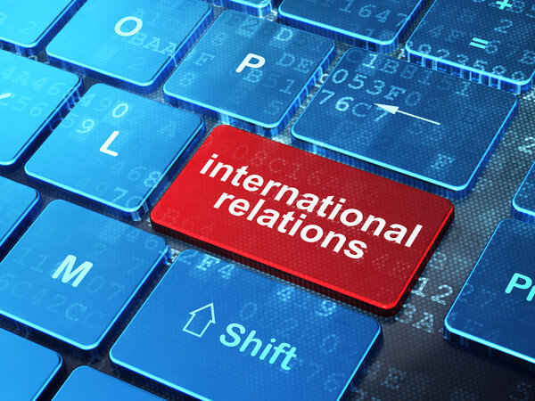 Концепция политики: Международные отношения на фоне компьютерной клавиатуры
