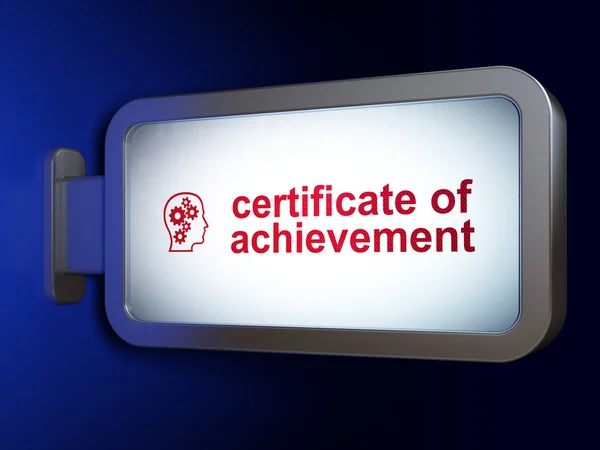 Onderwijs concept: certificaat van voltooiing en hoofd met Gears op billboard achtergrond — Stockfoto