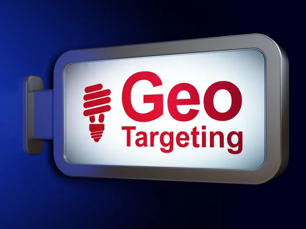 Business concept: Geo Targeting and Energy Saving Lamp on billboard background — Stok fotoğraf