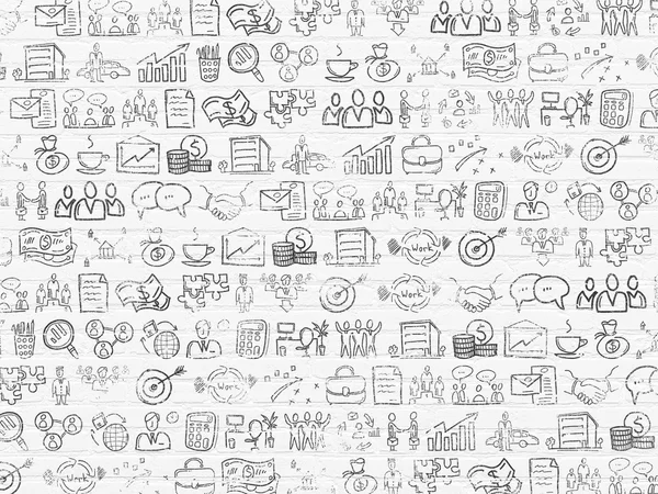 Grunge background: White Brick wall texture with Painted Hand Drawn Business Icons — Stock Fotó