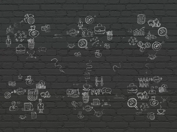 Grunge background: Black Brick wall texture with Painted Hand Drawn Business Icons — Zdjęcie stockowe