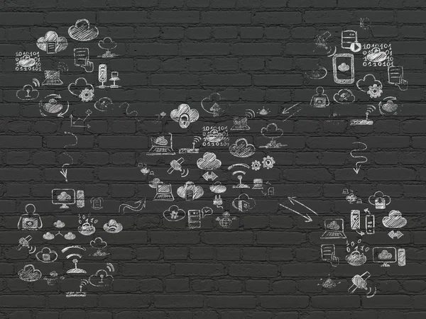 Grunge sfondo: Black Brick texture della parete con icone dipinte a mano Cloud Technology — Foto Stock