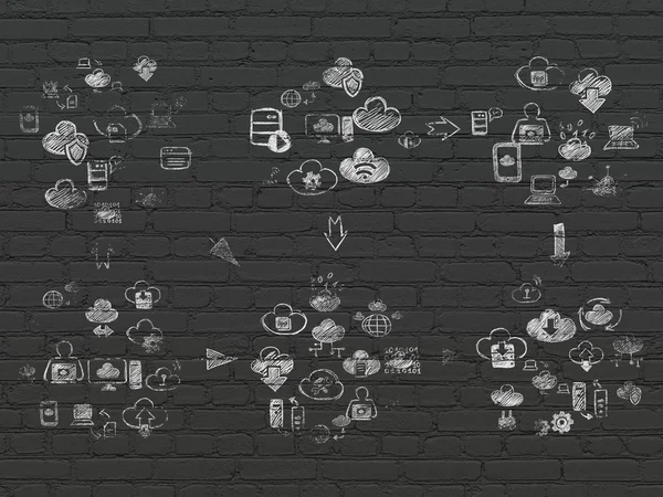 Grunge background: Black Brick wall texture with Painted Hand Drawn Cloud Technology Icons — Stok fotoğraf