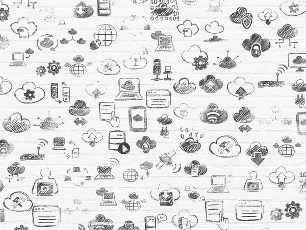 Grunge background: White Brick wall texture with Painted Hand Drawn Cloud Technology Icons — Stockfoto