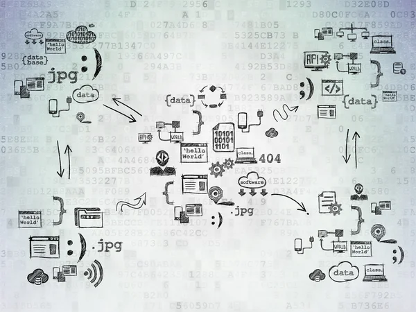 Sfondo digitale: Carta digitale con icone di programmazione disegnate a mano — Foto Stock