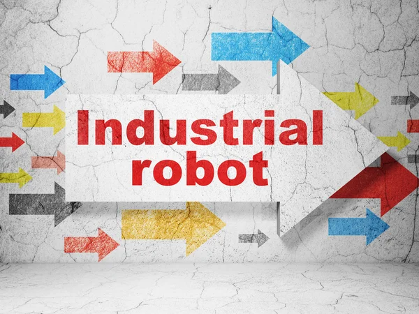 Concetto industriale: freccia con robot industriale su sfondo grunge wall — Foto Stock