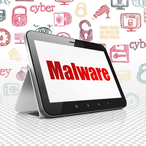Koncepce ochrany soukromí: tabletový počítač s Malware na displeji — Stock fotografie