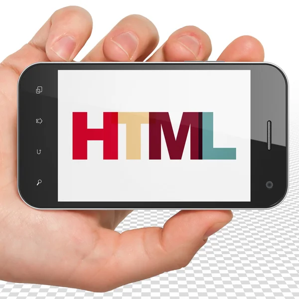 Datenbankkonzept: Smartphone mit HTML-Anzeige in der Hand — Stockfoto