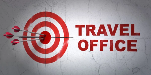 Vacation concept: target and Travel Office on wall background — Φωτογραφία Αρχείου