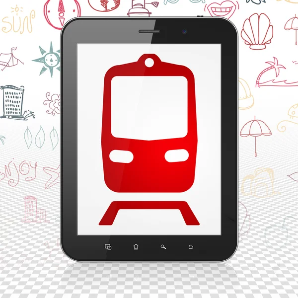 Tatil kavramı: tren ekranda Tablet bilgisayarınızla — Stok fotoğraf