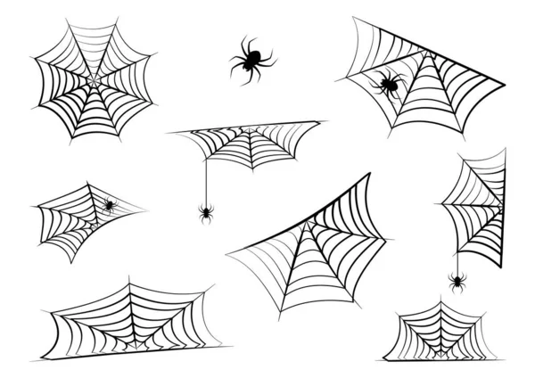 Halloween Vektor Spindelnät Och Hängande Spindel Spindelväv Hörn Gräns Och — Stock vektor