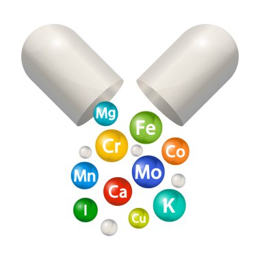 Kapsül hap vektör mineral takviyesi seti. 3D kabarcıklar multivitamin kompleksi. Temel vitamin ikonları. Kalsiyum Magnezyum Çinko Manganez Kobali Bakır Potasyum Molybdenite Krom.