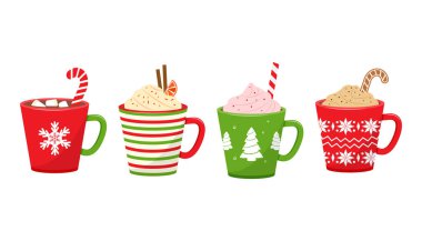 İçkili Noel vektör bardakları. Sıcak çikolata, kakao, kahve ve kremalı tatil kupaları. Şeker kamışı, tarçın çubuğu, lokum. Kış illüstrasyonu