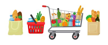 Market satın alma vektörü ayarlandı. Tekstil çantası, alışveriş sepeti ve tramvay, içinde ürünler olan kağıt paket. Yiyecekler ve içecekler, sebzeler ve meyveler. Süpermarket çizimi