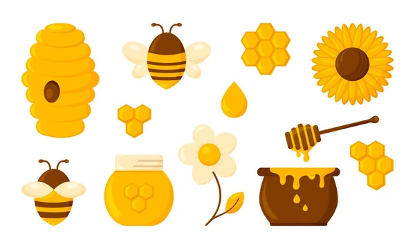 Honing Vector Icon Set Honingraat Bij Korf Zeshoek Pot Pot — Stockvector