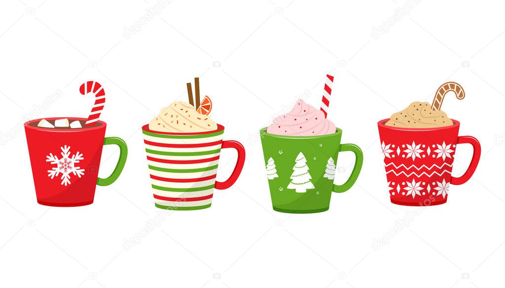 Christmas vector cups with drinks. Holiday mugs with hot chocolate, cocoa or coffee, and cream. Candy cane, cinnamon sticks, marshmallows. Winter illustration