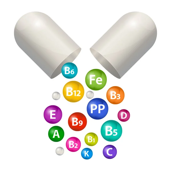 カプセル薬ベクトルビタミンサプリメントセット 3D泡健康のためのマルチビタミン複合体 ビタミンA B12 医療イラスト — ストックベクタ