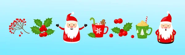 Coleção Vetorial Natal Papai Noel Baga Azevinho Rowan Berry Canecas — Vetor de Stock