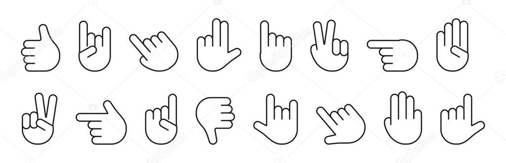 Different hands gestures of human, set of black line icons isolated on white background. Vector illustration