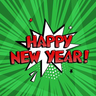 Yeşil arka planda Yeni Yıl vektör komik konuşma balonu. Komik ses efektleri, yıldızlar ve yarım ton pop sanatının gölgesi. Tatil illüstrasyonu