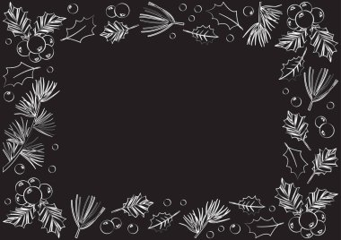 Eski bir Noel vektör çerçevesi, kış arkaplanı. Kutsal böğürtlen, dallar bitkiler, yapraklar, tatil süslemeleri. Doğa çizimi