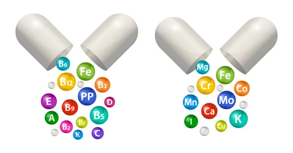 胶囊药丸载体维生素和矿物质补充剂集 3D泡泡多维生素复合体 健康的基本标志 保健说明 — 图库矢量图片