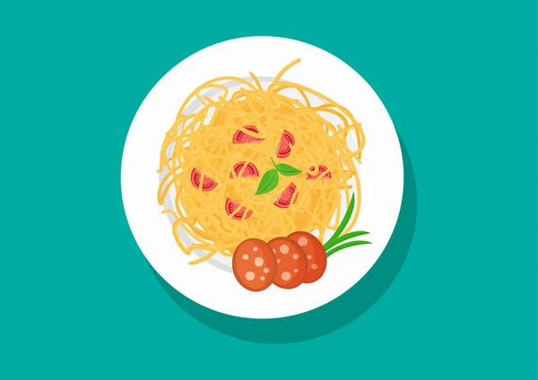 Διάνυσμα Πιάτο Σπαγγέτι Ντομάτες Και Λουκάνικα Ζυμαρικά Πιάτα Εικόνα Τροφίμων — Διανυσματικό Αρχείο
