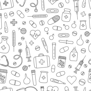 Tıbbi vektör kusursuz el çizimi. Gezici tıp, tıbbi araştırma geçmişi. Siyah tasarım. El çizimi illüstrasyon