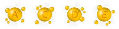 A, C, D, E vektör ikonu. Altıgen arka planda altın baloncuk. Sağlık hizmetleri illüstrasyonu