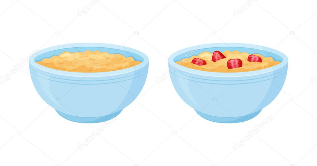 Oats bowl vector icon set. Oatmeal sweet with strawberry breakfast cup, oat grain porridge. Cartoon muesli, flake for healthy nutrition. Food illustration.