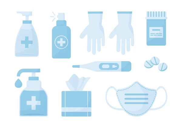 Medicinsk Vektor Inställd Desinfektionsmedel Ansiktsmask Handskar Antibakteriell Spray Servetter Tvål — Stock vektor