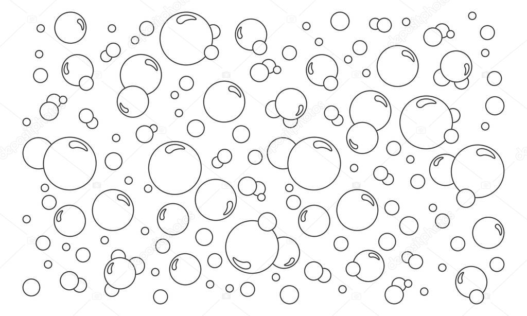 Cartoon bubbles vector line background. Pattern soap foam, bath suds, effervescent water, soda or champagne, fizzy drink, oxygen bubbles. Black outline design. Abstract illustration
