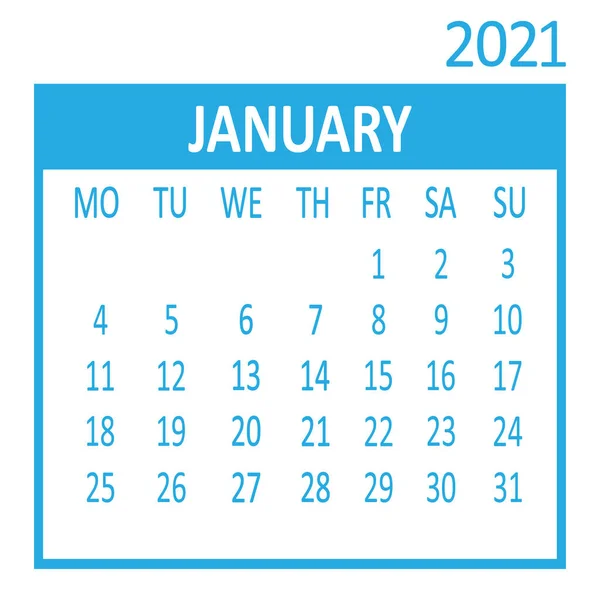 Gennaio Prima Pagina Del Set Calendario 2021 Modello Settimana Inizia — Vettoriale Stock