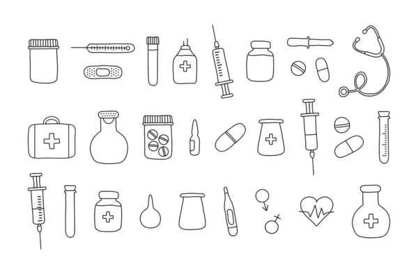 Медицинские Инструменты Иконка Векторной Линии Каракулей Комплект Первой Помощи Шприц — стоковый вектор