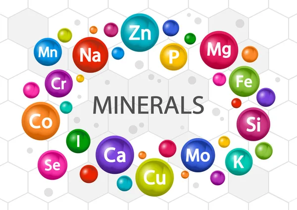 ミネラルサプリメントセット 健康のためのマルチビタミン複合体 ビタミンアイコン マグネシウム亜鉛鉄ヨウ素マンガンコバルト銅モリブデン酸カリウムクロムシリコンセレン ベクターイラスト — ストックベクタ
