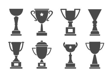 Ödül kupaları vektör seti, siyah kupa simgeleri, beyaz arka planda izole edilmiş spor şampiyonu ödülü. Kazanan resimleme