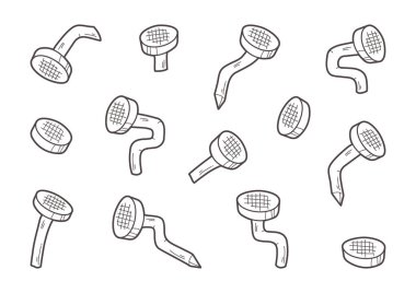 Duvardaki eski metal çiviler, bükülmüş vektör pimleri, ince çizgili el tasarımı, karikatür simgeleri. Marangozluk konsepti. Basit illüstrasyon