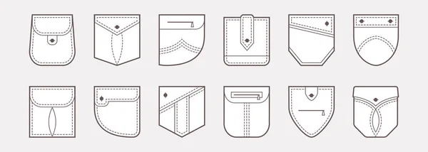 シャツやパンツのパッチポケットベクトルアイコン ボタンやラインシーム 服のポケット異なる形状アウトラインカジュアルスタイル 幾何学的なデザイン要素 ファッションウェアイラスト — ストックベクタ
