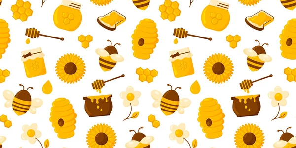 Honey Vector Seamless Pattern Honeycomb Bee Hive Hexagon Jar Pot — ストックベクタ