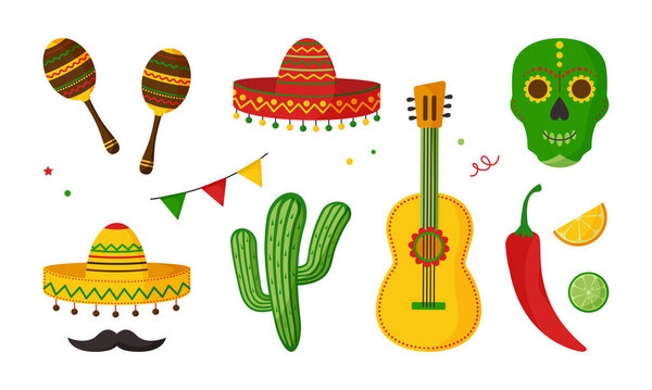 Cinco de Mayo vector celebration, mexic n icon set, collection design elements. Guitar, maraca, peppers, mustache, skull, citrus, sombrero, cactus and decoration Cartoon illustration
