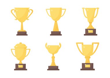 Golden trophy cup set, vector sport award, champion icon isolated on white background. Winner illustration