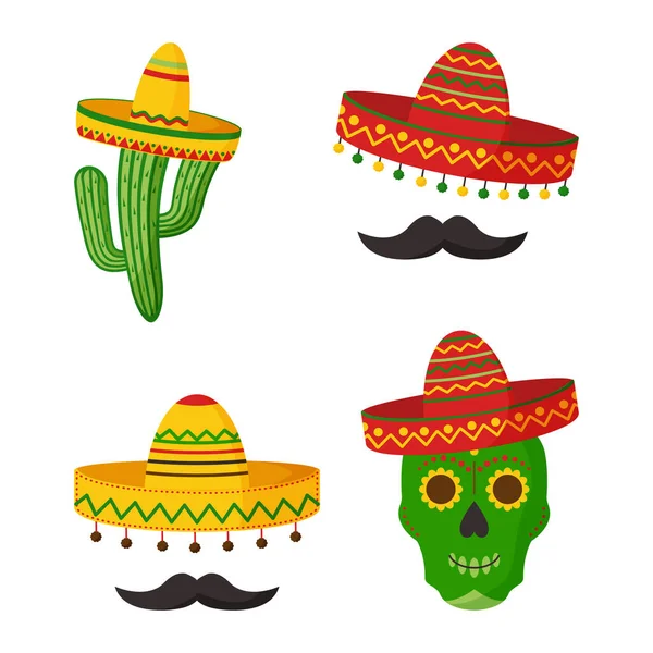 Iconos Vectoriales Mexicanos Celebración Del Cinco Mayo Cráneo Sombrero Cactus — Archivo Imágenes Vectoriales