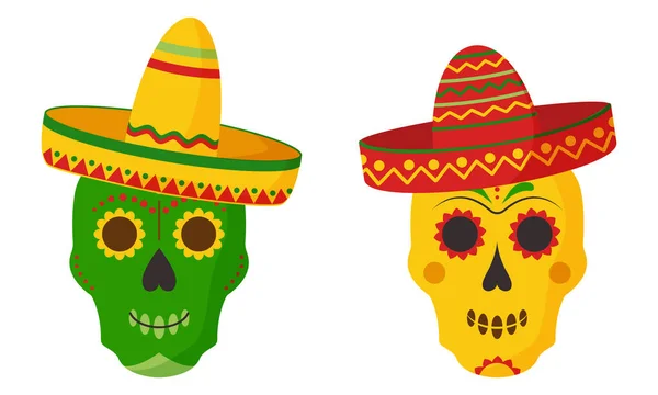 Calaveras Sombrero Sombrero Vector Icono Mexicano Conjunto Aislado Sobre Fondo — Archivo Imágenes Vectoriales